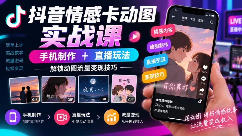 抖音情感卡动图实战课|手机制作+直播玩法,解锁动图流量变现技巧-北极星资源库