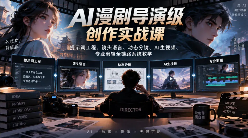 AI漫剧导演级创作实战课|提示词工程、镜头语言、动态分镜、AI生视频、专业剪辑全链路系统教学-北极星资源库