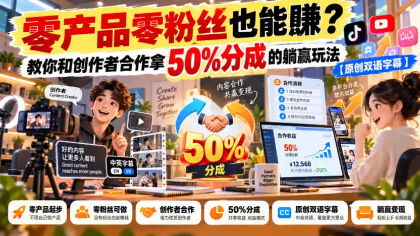 【无水印】零产品零粉丝也能賺?教你和创作者合作拿50%分成的躺赢玩法【原创双语字幕】-北极星资源库